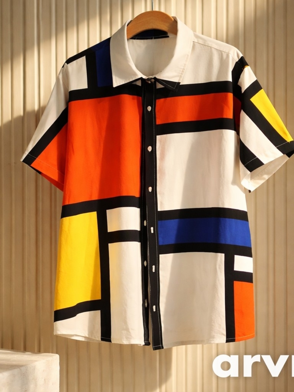 Colorblock Short-Sleeve Button-Up Shirt - White/Orange/Blue/Yellow